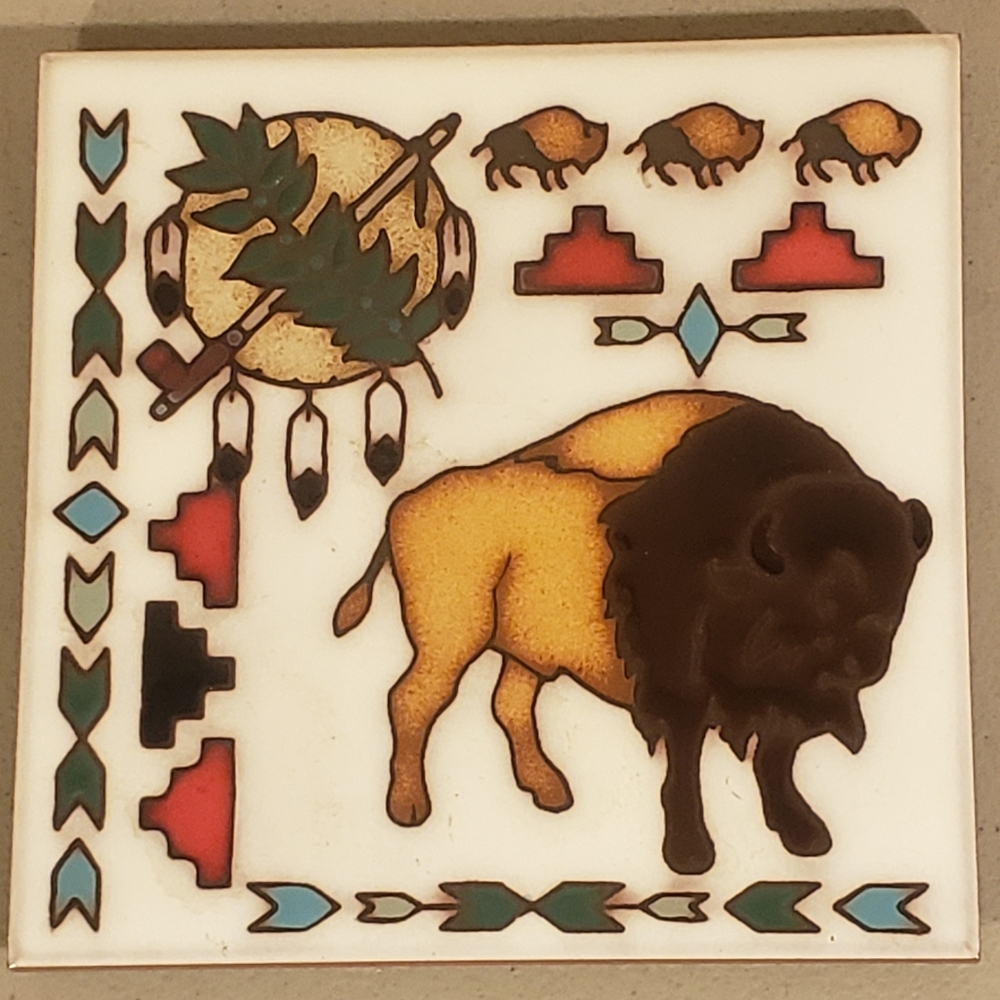 Masterworks Handcrafted Art Tile Trivet Native American BUFFALO